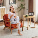 Mid-Century Modern Accent Chair with Wooden Frame - Oak Armrest, Linen-Cotton Burnt Orange Upholstery, Single Seater Lounge Chair for Living Room (Weight Capacity 330LBS) - Image 7