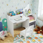 Kids Table and Chair Set with Storage Drawers House-Shaped Study Desk for Playroom Bedroom- White - Image 10