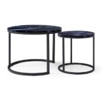 Set 2 Coffee Table Nesting Black top Black Frame Circular Round and Marble Pattern Wooden Tables, Living Room Bedroom Apartment Modern Industrial Simple Nightstand