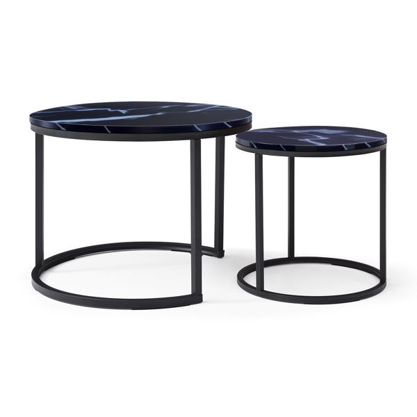 Set 2 Coffee Table Nesting Black top Black Frame Circular Round and Marble Pattern Wooden Tables, Living Room Bedroom Apartment Modern Industrial Simple Nightstand