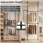 Floor to Ceiling Tension Clothes Rack No Drill Heavy Duty Carbon Steel Garment Organizer, Adjustable Width & Height Closet System with 2 Vertical Rods Drying Rack Reacher Pole for Rental Apartment Black - Image 10