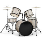 Full Size Adult Drum Set 5-Piece Silver with Bass Drum, two Tom Drum, Snare Drum, Floor Tom, 16" Ride Cymbal, 14" Hi-hat Cymbals, Stool, Drum Pedal, Sticks