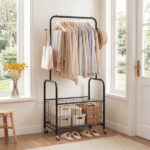 3-in-1 Rolling Clothes Rack with Storage Basket & Hooks, Metal Garment Rack for Laundry Bedroom - Black - Image 2
