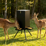 14 Gallon Gravity Deer Feeder 50-90 LBS Capacity Galvanized Coated Steel Wildlife Game Feeder with 4 Feeding Trays Lockable Lid Ground Pegs for Hunting Ranch Backyard Black - Image 7