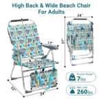17 Inch Seat Height Beach Chair for Adults, Folding Portable Camping Chair with Headrest, Cup Holder, Side Pocket & Bottom Storage Bag, 7-Position Adjustable Aluminum Beach Chair, Heavy Duty 265 LBS Capacity, Oxford Fabric for Beach, Patio, Pool, Vintage Summer Print - Image 8