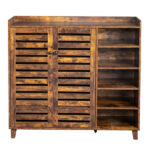 Shoe cabinet with 2 doors, 5 open compartments, and a tabletop with a back panel; made of MDF; 116*35.5*107cm; weathered wood color - Image 11