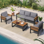 GO 4-Piece Outdoor Furniture Sofa Set for 5 People with Acacia Wood Armrests, Patio Conversation Set with Removable Cushion and Solid Wood Coffee Table for Garden, Grey - Image 13