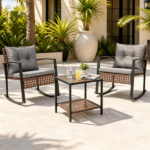 3-Piece Outdoor PE Rattan Rocking Chair Conversation Set with 2-Tier Glass Coffee Table, Heavy Duty Metal Frame Patio Rockers with Zipper Removable Gray Cushions & Back Pillows Mixed Brown Wicker for Backyard Porch Poolside - Image 11