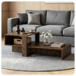 2-Tier Modern Geometric Coffee Table Engineered Wood Low Center Table with Storage Shelf, Waterproof Surface Cross Base Accent Table for Living Room Tea Game Work - Brown - Image 7
