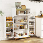 White + Gold Kitchen Pantry Cabinet, Built-in Charging Station (AC/USB/Type-C) & Customizable LED Lights - Image 2