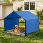 4*4*3.3FT Black Iron Pipe PVC Coated Polyester Tarpaulin Waterproof and UV-resistant Blue Pet Tent. Tarpaulin bottom is sewn together; top has Velcro closure - Image 5