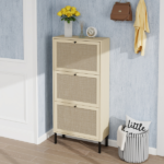 Rattan 3 Door Shoe Rack, Freestanding Modern Shoe Storage Cabinet, for Entryway - Image 22