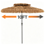10ft Double Tier Hawaiian Tiki Patio Umbrella with Push Button 30° Tilt & Crank Lift, 8 Metal Ribs PE Thatch Tropical Outdoor Shade Canopy Ventilated Top for Backyard Poolside Brown - Image 8