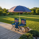Portable Double Folding Beach Chair Set with Umbrella, 2-Person Outdoor Camping Chair with Cup Holders, Foldable Patio Chair for Picnic, Backyard, Travel, Blue - Image 7