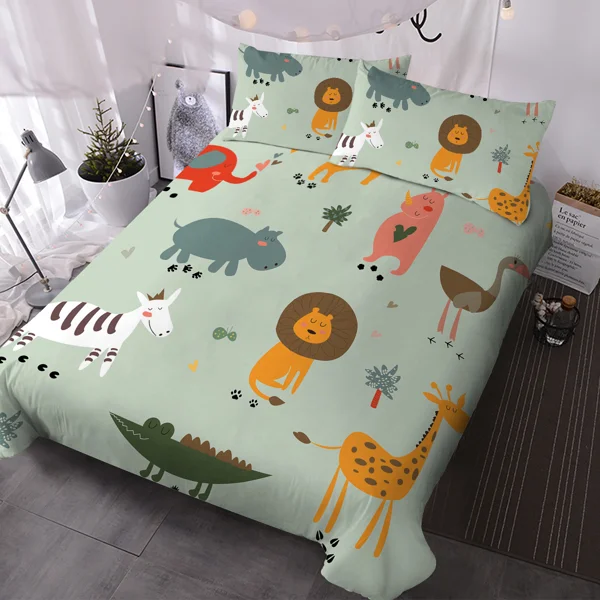 Animal Duvet Cover Set Full Size, 3 Pieces Soft Microfiber Green Duvet Cover for Kids Boys Girls Teens Cartoon Cute Bedding Set Lions Giraffes Hippos Crocodiles Pattern Animal Bedding Set