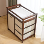 Brown painted pine wood frame children's bed with removable top, 87*53*87.5cm, includes 3 fabric drawers and 1 fabric bag, and a changing table - Image 26