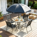 Black & Coffee 6-Piece Patio Dining Set for 4 – Complete with Umbrella, Round Glass Table & 4 Folding Chairs - Image 9