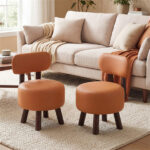 2-Piece Orange Small Footstools, Faux Leather Upholstery & Solid Rubber Wood Legs, 330LBS Load Capacity - Image 2