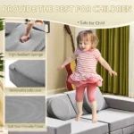 14 PCS Modular Kids Play Couch, Convertible Foam Building Block Sofa Fort Play Set, Corduroy Detachable Floor Sofa for Toddlers Playroom Bedroom Living Room, Grey - Image 9