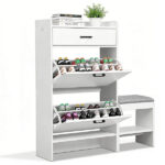 2-tier shoe cabinet with top flip-up lid and drawer, padded shoe changing bench, 1 hook, particleboard, 100*25*117cm, white - Image 3