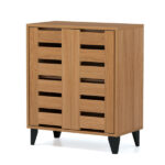 24" Farmhouse Shoe Cabinet with 2 Louvered Doors - 4-Tier Shelves, 3 Adjustable Layers (Natural Wood Grain) - Image 2
