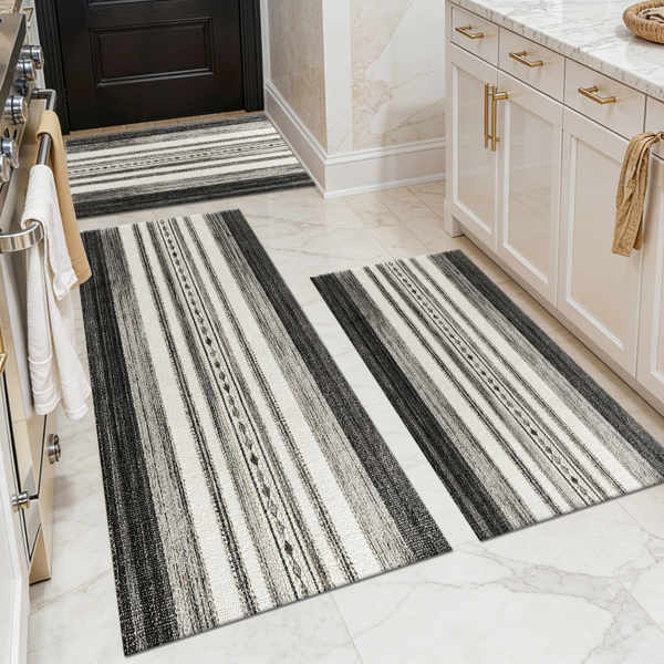 Three-piece kitchen rug set, non-slip and washable, abstract pattern kitchen hallway rug, soft and comfortable, suitable for sinks, floors, entrances, hallways and bathrooms.