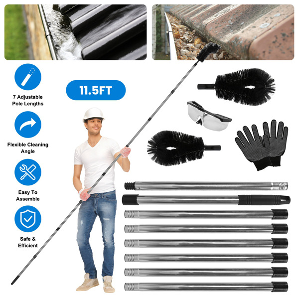e2ffd5bb-ed98-4da0-a385-4b8b8a428bca.jpeg 10.5FT Gutter Cleaning Brush With Telescoping Handle Rain Gutter Cleaner Extendable Gutter Cleaning Tool From The Ground with 2 Angled Brushes Anti-slip Gloves Goggles - Image 1