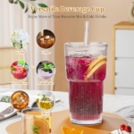 2 pcs vertical striped glass water cup coffee cup, high appearance value, with lid, straw and brush, suitable for drinking water, coffee and milk - Image 5