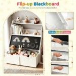 Kids Toy Storage Organizer with Flip Chalkboard, Rolling Drawers & Hanging Rods, Rounded Edge Toddler Bookshelf Engineered Wood Playroom Cabinet for Children 3+ Years Old - Image 5