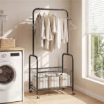 3-in-1 Rolling Clothes Rack with Storage Basket & Hooks, Metal Garment Rack for Laundry Bedroom - Black - Image 6