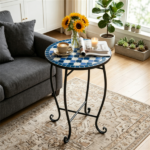 14" Metal Side Table, Indoor Outdoor Decorative End Table X-Base Heavy Duty Plant Stand for Patio Garden Living Room - Blue - Image 4