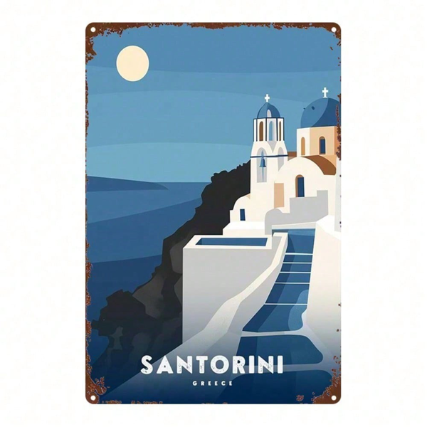 e3b27c21-0f02-4601-9e92-1dd9bf53b9dc.png CIFbuy 1pc Santorini Greece Metal Sign, Vintage Greek Island Wall Art, Rustic Retro Tinplate Decor, White & Blue Cycladic Architecture, TikTok, TikTok, Self-pickup Logiopics - Image 1