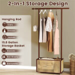 2-in-1 Bamboo Clothing Rack with Rolling Wheels & 60L Storage Basket - Brown - Image 7