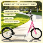 Pink 16" Inflatable Youth Scooter: Kick Scooter with Adjustable Handlebars, Double Brakes, Basket and Cupholder - Image 6