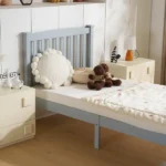 Twin Single-Layer Wooden Bed Vertical Decorative Strips Curved Headboard and Footboard Bed Frame Painted Pine Bed Frame 79.33*42.52*38.98in Grey - Image 15