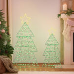Set of 2 Lighted Metal Christmas Tree Yard Decorations, Pre-lit Holiday Decor with 150 Green and Warm White LED Lights for Xmas Outdoor Indoor Decor Lighted Holiday Displays - Image 3
