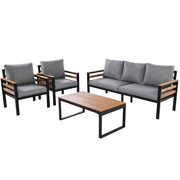 GO 4-Piece Outdoor Furniture Sofa Set for 5 People with Acacia Wood Armrests, Patio Conversation Set with Removable Cushion and Solid Wood Coffee Table for Garden, Grey