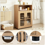 Natural Modern Engineered Wood Bathroom Cabinet with Open Compartment, Anti-Toppling Tall Storage Cabinet with Magnetic Door Catch for Living Room Entryway - Image 5