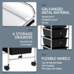 4 Drawers Metal Frame Storage Cart Rolling Bin Trolley, Black - Image 4