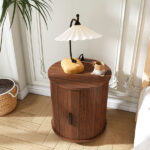Mid Century Modern Cylinder End Table with Built-in Charging Station & Sliding Door, 2-Tier Storage Round Nightstand with USB Ports, Walnut Bedside Table for Living Room, Bedroom, Entryway - Image 2