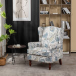 Modern Accent Chair with Retro Wood Legs, Comfy Upholstered Armchair, Floral Design Single Sofa Chair for Living Room Bedroom Office - Floral Blue - Image 6