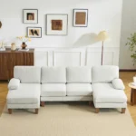 U-Shaped Convertible Sectional Sofa with 2 Chaise Lounges, 4-Seater Modular Couch with Removable & Washable Chenille Covers, 111.4" L x 48.4" D x 33.1" H L-Shaped Couches for Living Room Apartment, Wood Grain Legs, Off White - Image 11
