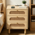 3-Drawer Nightstand with Rattan-Style Finish 15.75"*13.78"*23.82" with Power Outlet Oak - Image 11