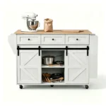 2 Barn Doors with Sliding Rails 3 Drawers 3 Shelves Serving Cart Rubberwood Countertop + MDF Cabinet Dining Cart 47.24*29.49*35.08in White - Image 2
