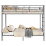 Grey Twin Bunk Bed Square Tube High Guardrail Side Ladder Opening Iron Bed - Image 11