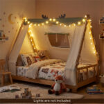 Twin Size Montessori House Floor Bed with Removable Canopy Tent, Solid Wood Kids Bed with Guardrails - Natural - Image 3