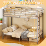Grey Twin Bunk Bed Square Tube High Guardrail Side Ladder Opening Iron Bed - Image 14