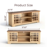57.87 Inch TV Stand with Deep Brown Top & Natural Wood Cabinet - Double Glass Door Media Console, Laminate Particle Board Entertainment Center for TVs Up to 65 Inches - Image 5