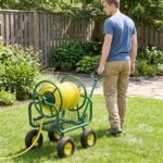 Heavy Duty Garden Hose Reel Cart with 10" Pneumatic Wheels, Large Capacity Hose Winder with Storage Basket & Brass Fittings -Green - Image 11