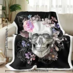 1 pc Floral Skull Throw Blanket, Gothic Sugar Skull with Watercolor Flowers Blanket, Black Background Cozy Sherpa Blanket, Day of the Dead / Halloween Decor, Soft Plush Blanket for Couch Bed Sofa temu can only be self-picked up - Image 6